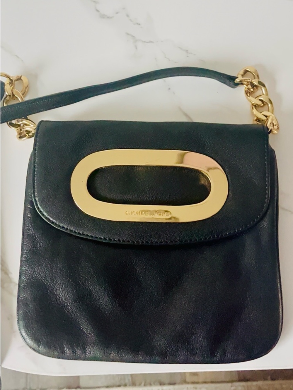 Michael Kors Black Leather Shoulder Bag with Gold Accent Hardware
